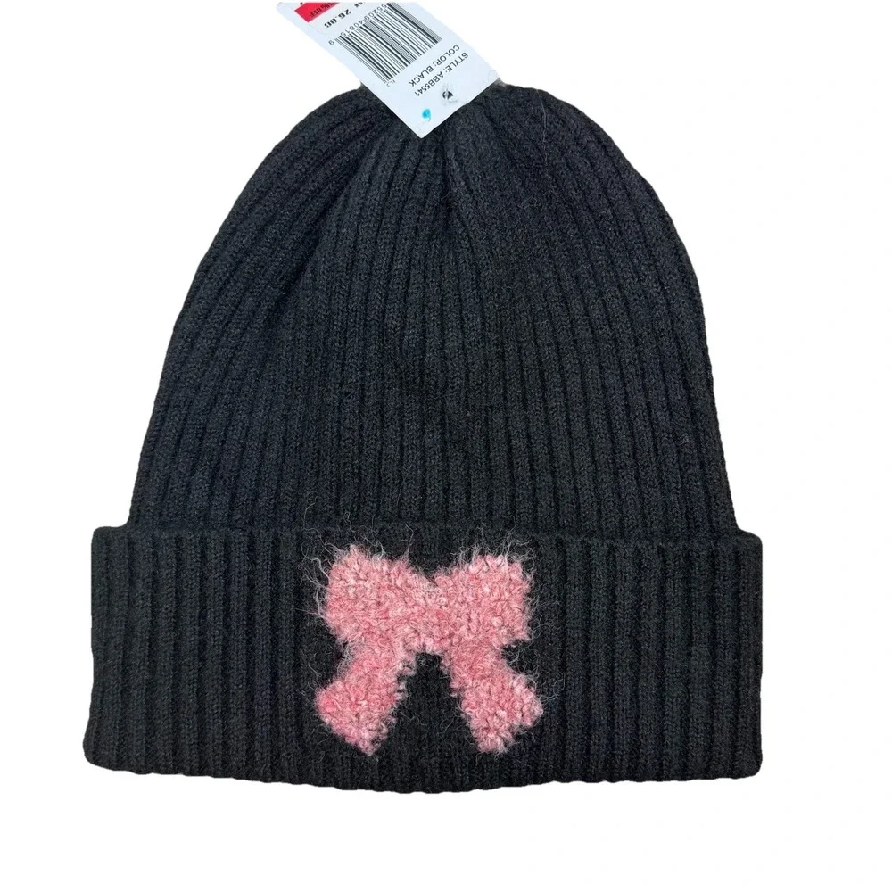 NWT PINK RIBBON‎ Black Knit Stocking HAT Beanie Cap Breast Cancer Awareness OSFM